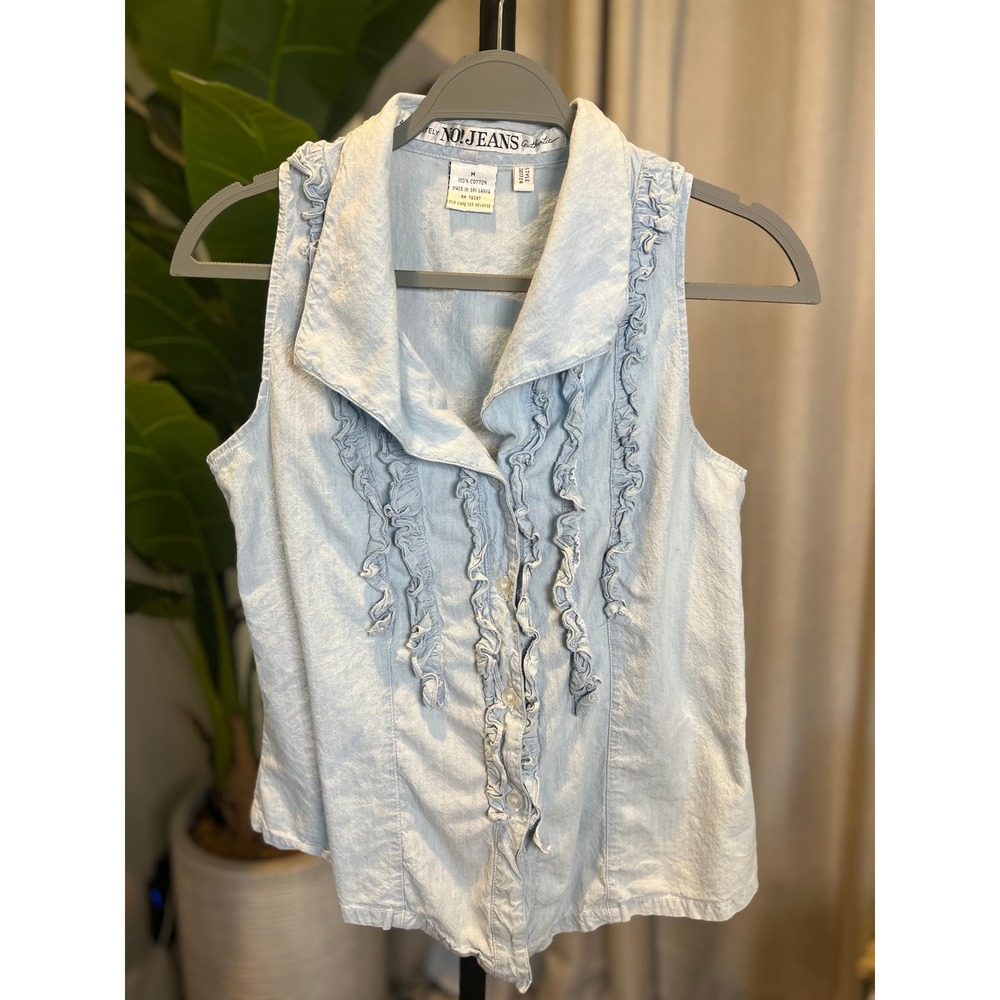 NO! JEANS Womens Light Blue Ruffle Front Sleeveless Cotton Button Top Size M
